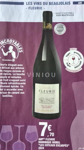 Vin Rouge sec Les Coteaux Escarpés Dominique Morel 2024 France Beaujolais Fleurie AOC