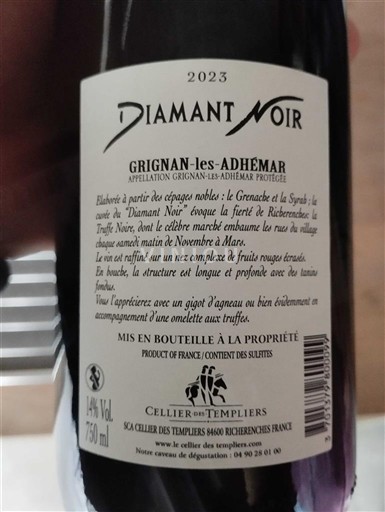 Valle del Rodano Grignan-les-adhémar Cellier des Templiers Diamant Noir 2023