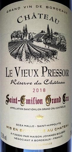 Bordeaux Saint-Émilion Grand Cru Grand Cru Château Le Vieux Pressoir Réserve du Château 2018