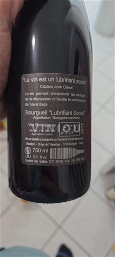 Vin Rouge sec Lubrifiant Social Bertrand & Vincent Marchesseau 2017 France Vallée de la Loire Bourgueil AOC bio