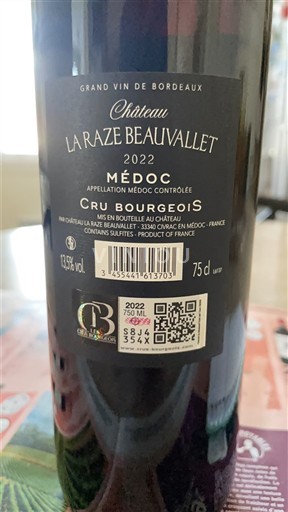 Bordeaux Médoc Cru Bourgeois Château La Raze Beauvallet 2022