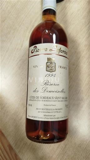 Vin Rouge sec Réserve des Demoiselles Pierre Laforest 1994 France Bordeaux Côtes-de-bordeaux-saint-macaire AOC