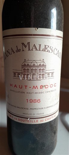 Vin Rouge sec Château Malescasse 1986 France Bordeaux Haut-Médoc AOC