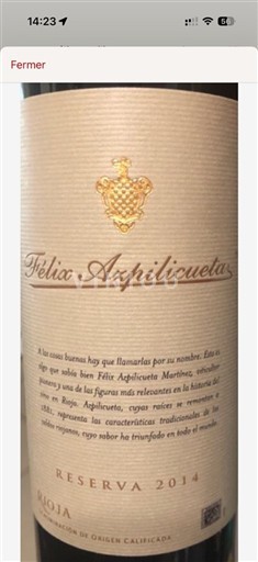 Rioja Félix Azpilicueta Reserva 2014