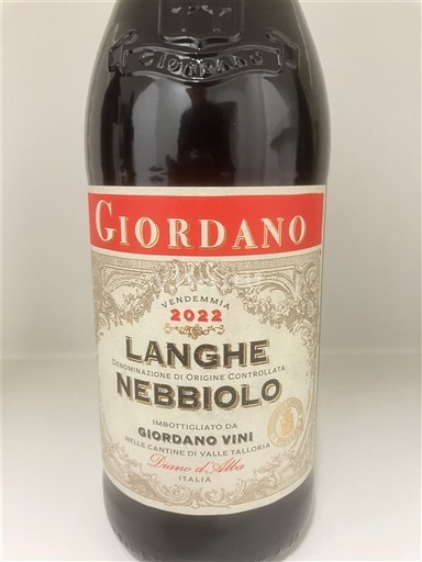 Piedmont Wines Langhe Giordano Nebbiolo 2022