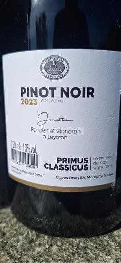 Vin Rouge sec PINOT NOIR Primus Classicus Cave Orsat 2023 Suisse Valais AOC
