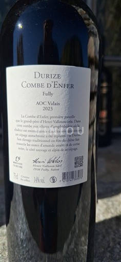 Vin Rouge sec Combe d'Enfer / DURIZE Henri Valloton 2023 Suisse Valais AOC