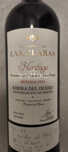 Vin Rouge sec Heritage Reserva Convento de Las Claras 2018 Espanja Kastilia ja León Ribera del Duero DO