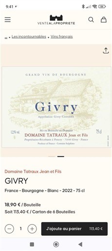 Bourgogne Givry Domaine Tatraux Jean et Fils 2022