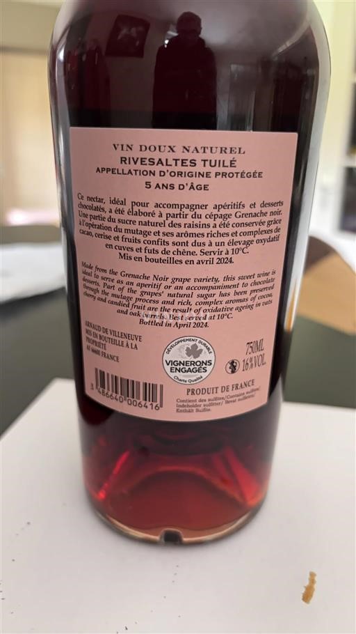 Roussillon Rivesaltes Arnaud de Villeneuve 5 ans d’âge tuilé 2024