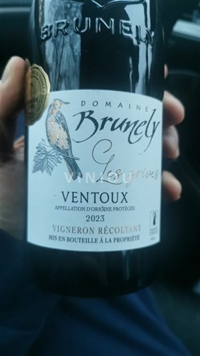 Vin Rouge sec Les grives Domaine Brunely 2023 France Vallée du Rhône Ventoux AOC