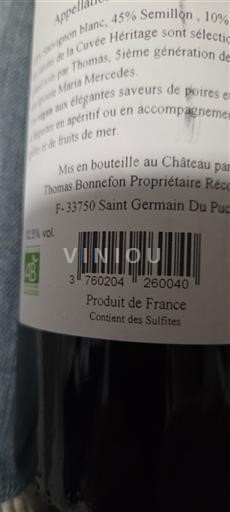 Bordeaux Château Tomas bonnefon le noble Héritage 2022