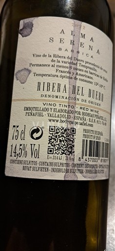 Castille et León Ribera del Duero Bodegas Pingón Alma Serena Barrica 2022