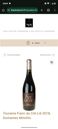 Vallée de la Loire Touraine Domaine S Minchin Franc du Côt-Lié 2018