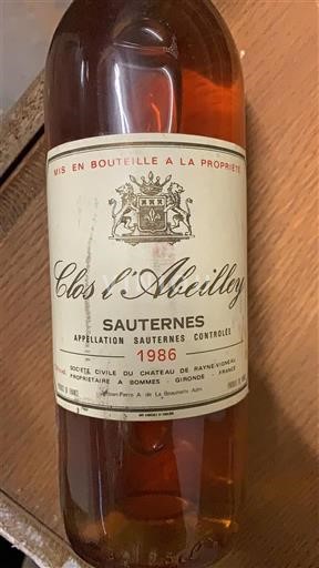 Bordeaux Sauternes Clos l'Abeilley 1986