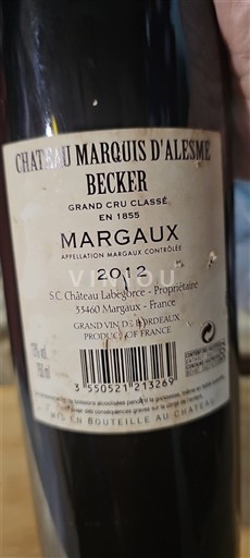 Bordeaux Margaux Grand Cru Château Marquis Alesme Becker 2012