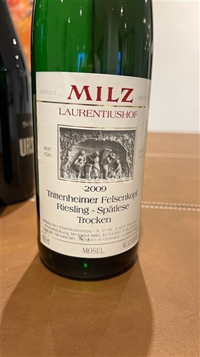 Mosela MILZ LAURENTIUSHOF Trittenheimer Felsenkopf Spätlese 2009