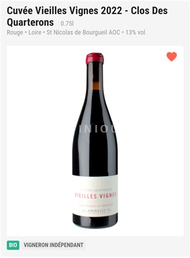 Loiren laakso Saint-Nicolas-De-Bourgueil Clos des Quarterons vieilles vignes 2022