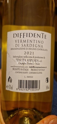 Sardenha Vermentino da Sardenha Tenuta Asinara Diffidente 2021
