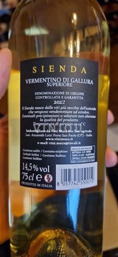 Sardinia Vermentino di Gallura Vini Mura Sienda 2022