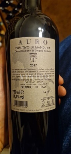 Puglia Primitivo di Manduria Cantina Vecchia Torre Auro 2017