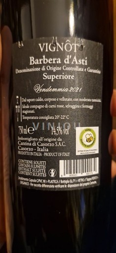 Piedmont Wines Barbera d'Asti Cantina di Casorzo Vignot 2021