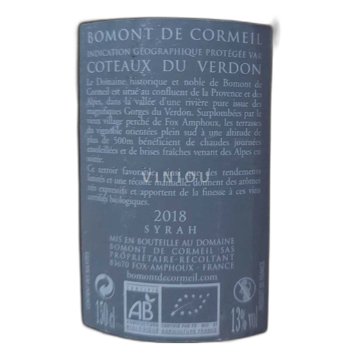 Provence, hạ lưu Rhône, Corse Coteaux du Verdon Bomont de cormeil 2018