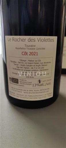 Thung lũng sông Loire Touraine Le Rocher des Violettes Côt 2021