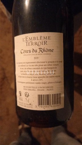 Valle del Ródano Côtes del Ródano L'Emblème Terroir 2019