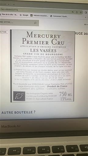 Bourgogne Mercurey Premier Cru Domaine MIA Les Vasées 2020