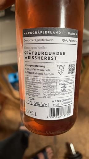 Baden Không được chỉ định Markgräfler Winzer eG Blansingen Wolfer Spätburgunder Weissherbst 2024