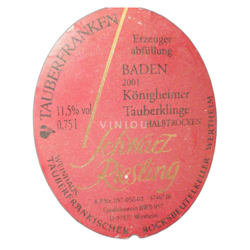 Baden Không được chỉ định Weinhaus Tauberfranken Schwarz Riesling 2001