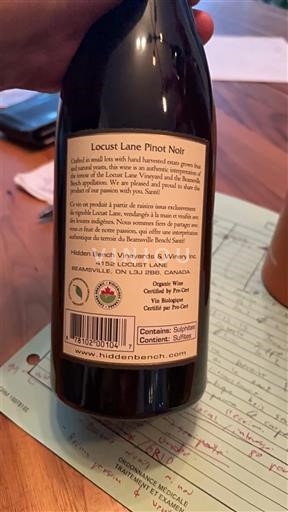 Ontario Beamsville Bench Hidden Bench Vineyards & Winery Locust Lane Pinot Noir 2022
