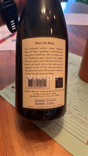 Ontario Beamsville Bench Hidden Bench Vineyards & Winery Blanc de Blanc 2018