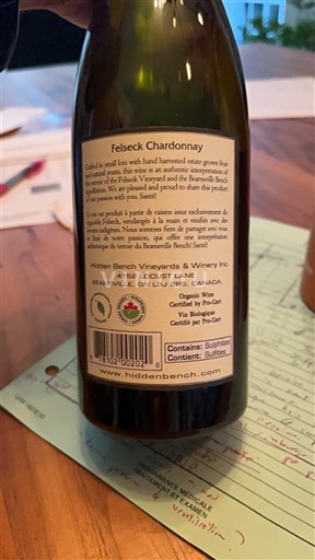 Ontario Beamsville Bench Hidden Bench Felseck Chardonnay 2022