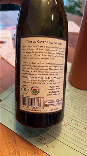 Ontario Beamsville Bench Hidden Bench Vineyards & Winery Tête de Chardonnay 2022