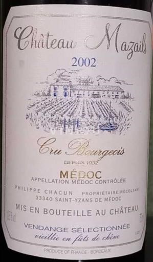 Bordeaux Médoc Château Mazails Cru Bourgeois 2002