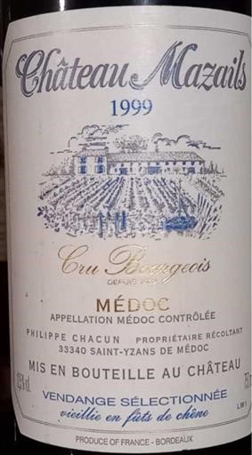 Bordeaux Médoc Château Mazails Cru Bourgeois 1999