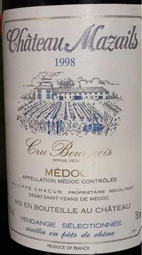 Bordeaux Médoc Château Mazails Cru Bourgeois 1998