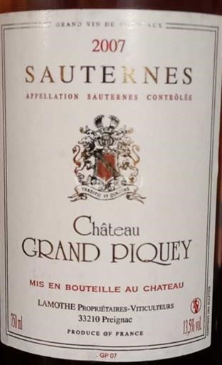 Bordeaux Sauternes Château Grand Piquey 2007