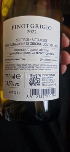 Tridentsko-Horní Adiže Horní Adiže J. Hofstätter Pinot grigio 2022