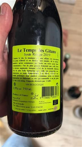 Languedoc in Roussillon Pays d'Oc Le Temps des Gitans Syrah Rouge 2019