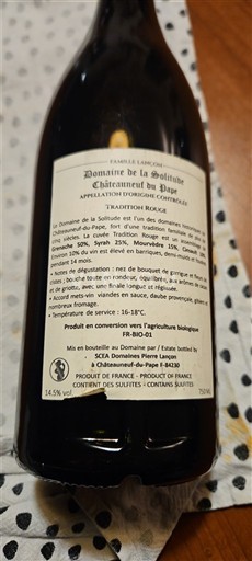 Valle del Ródano Châteauneuf-du-Pape. Domaine La Solitude Tradition Rouge Sin añada