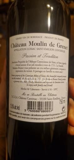 Bordeaux Lussac-Saint-Émilion Château Moulin de Grenet Passion et Tradition 2016