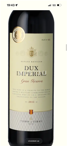Aragon Cariñena Tierra & Cubas Dux Imperial Gran Reserva 2015