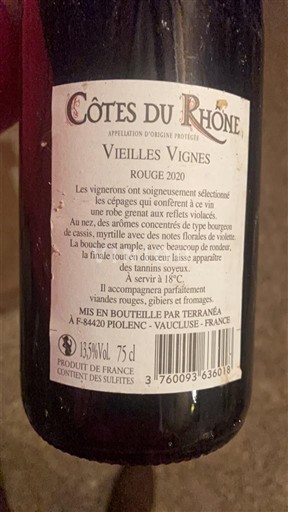 Vallée du Rhône Côtes-du-rhône Terranéa Vieilles Vignes 2020