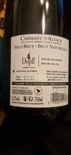 Alsace Crémant d'Alsace Dopff Wild Brut - Brut Nature 2018