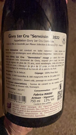 Borgoña No especificado Premier Cru Fabrice Masse Servoisine 2022