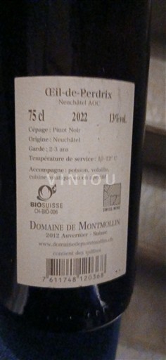 Neuchâtel Neuchâtel AOC Domaine Montmollin Œil-de-Perdrix 2022