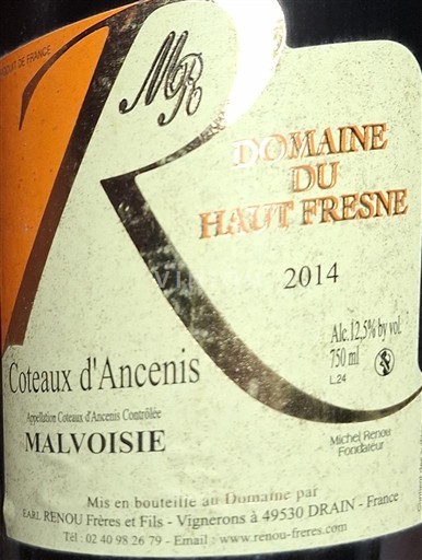 Thung lũng sông Loire Coteaux-d'ancenis Domaine Haut Fresne Malvoisie 2014